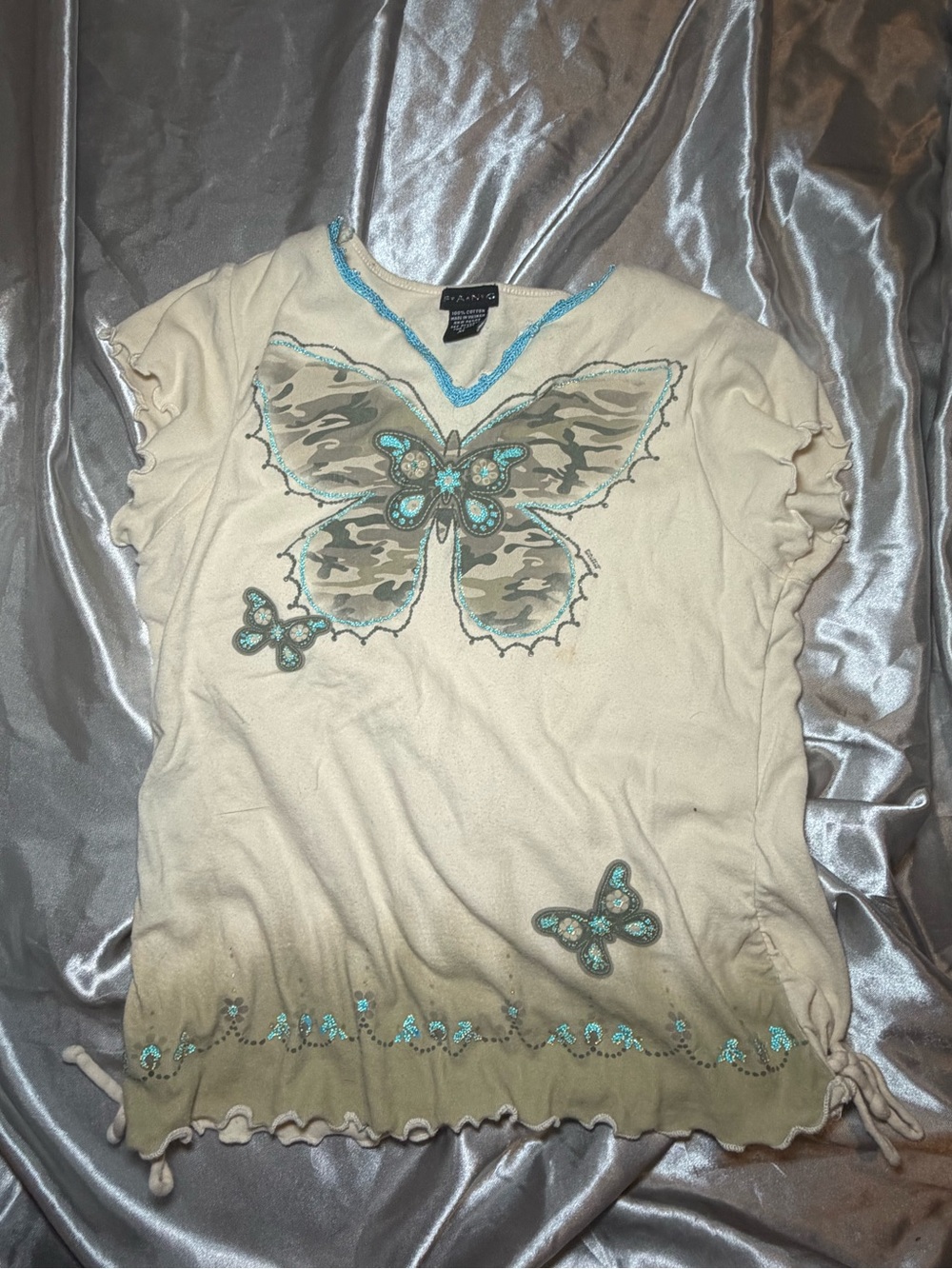Vintage Y2K Fang Camouflage Rhinestone Butterfly Baby Tee Size XL